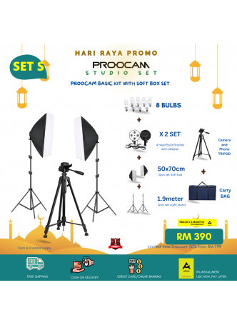 RAYA PROMO PROOCAM kb-1210 Studio Light Basic Kit Value Set 1 PAIR Softbox 50x70cm Lighting Kit 8 Bulbs Tripod Camera Phone (SET S)